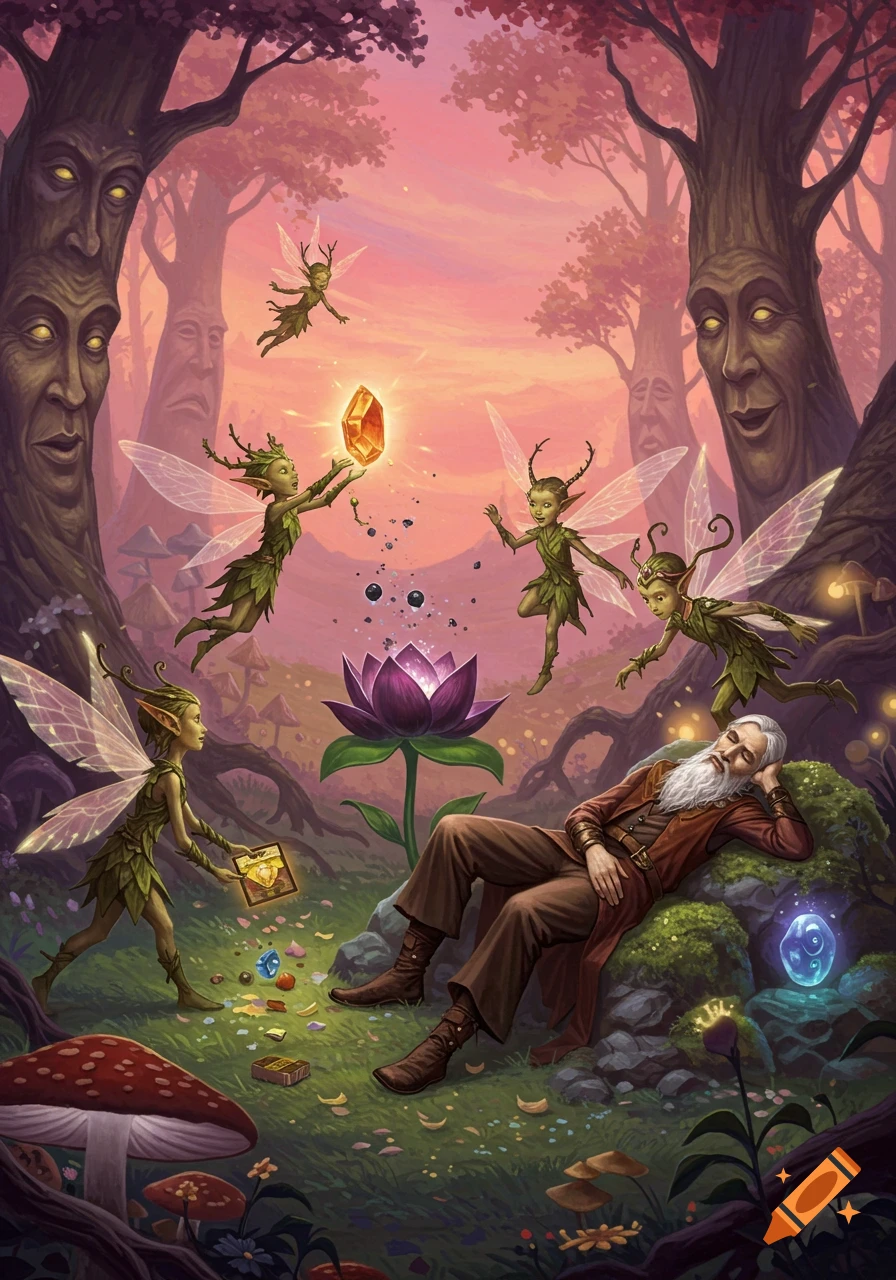 A whimsical fantasy scene with mischievous fairies surrounding a sleeping old man in a magical forest at twilight.
