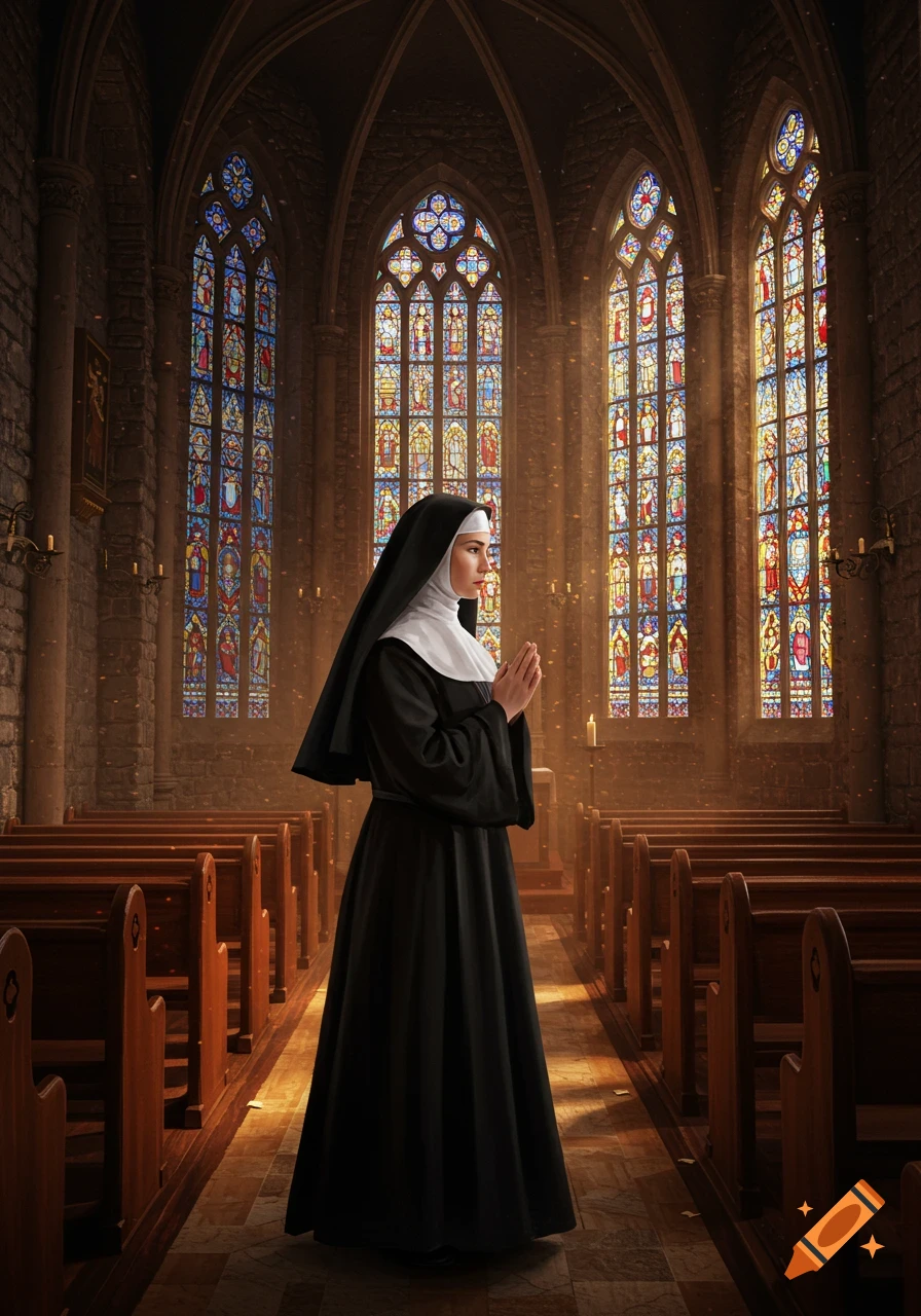 A photorealistic depiction of a nun standing in prayer inside a grand church with vibrant stained glass windows and wooden pews.