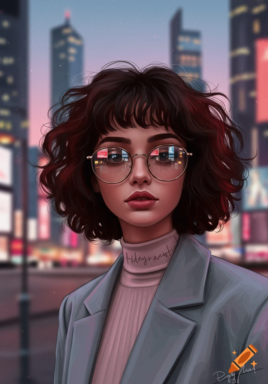 A stylized portrait of a brunette woman with short curly hair, bangs, and round glasses, standing in a blurry city at dusk.