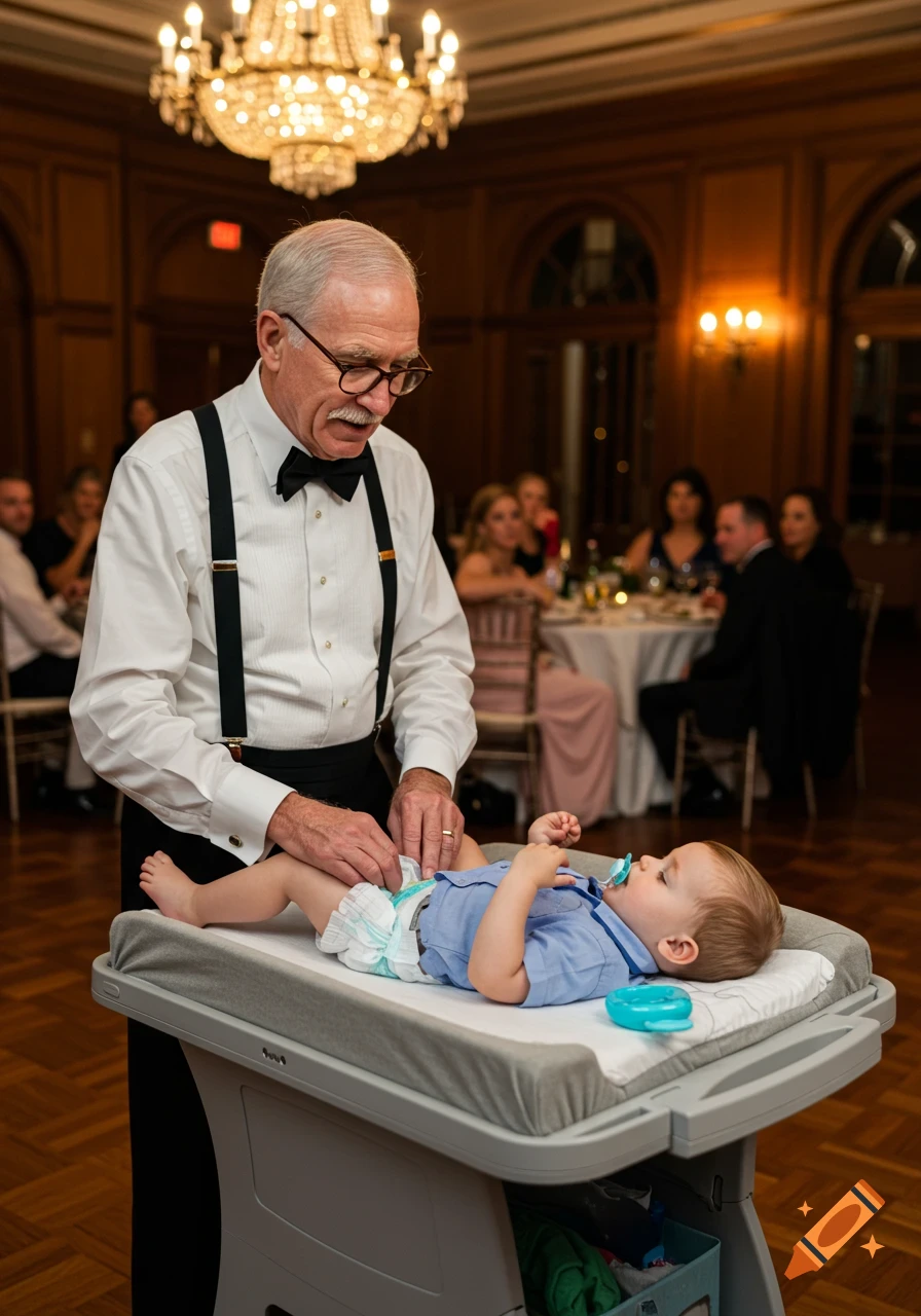 A senior man in a tuxedo shirt and suspenders changes a baby's diaper on a changing table at a formal banquet.
