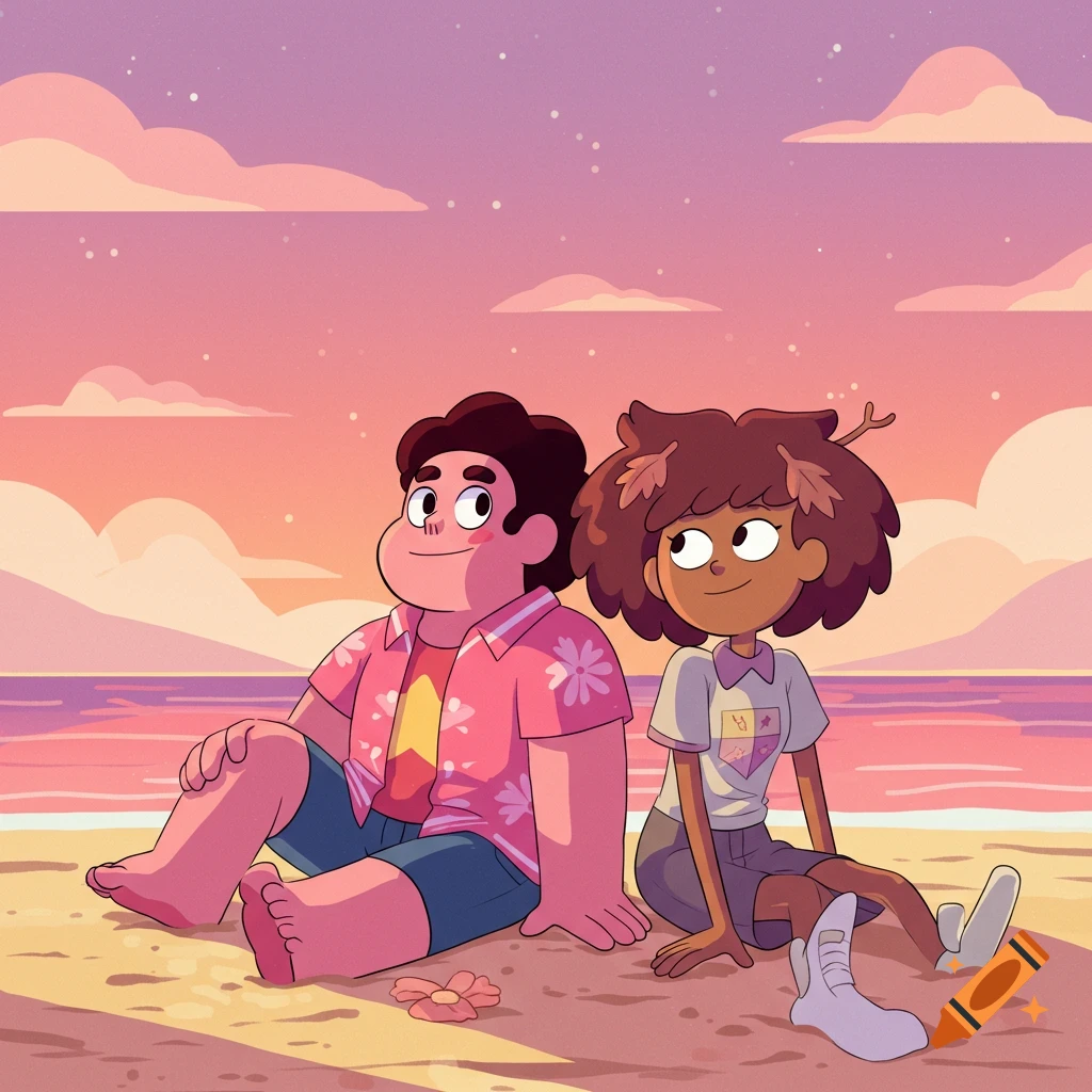 Steven Universe and Anne Boonchuy sit on a sandy beach at sunset, depicted in a vibrant, clean cartoon style.