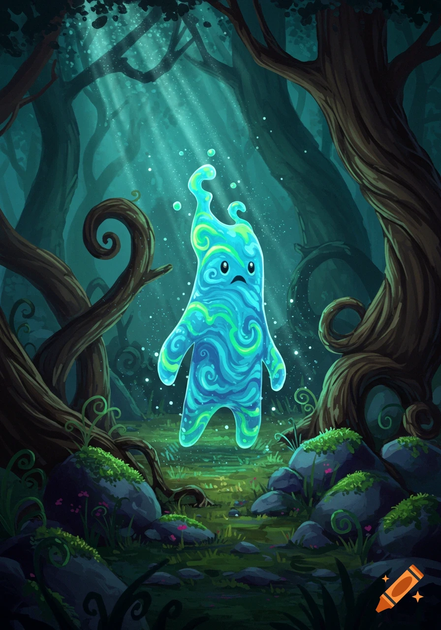 A sad, blue-green, wavy-patterned creature with glowing eyes stands in a mystical, dark forest with light beams.