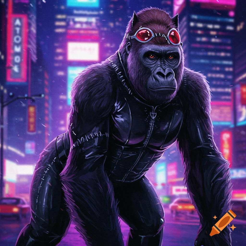 A muscular gorilla in a black leather Catwoman-style suit and red goggles crouches in a neon-lit cyberpunk city street.