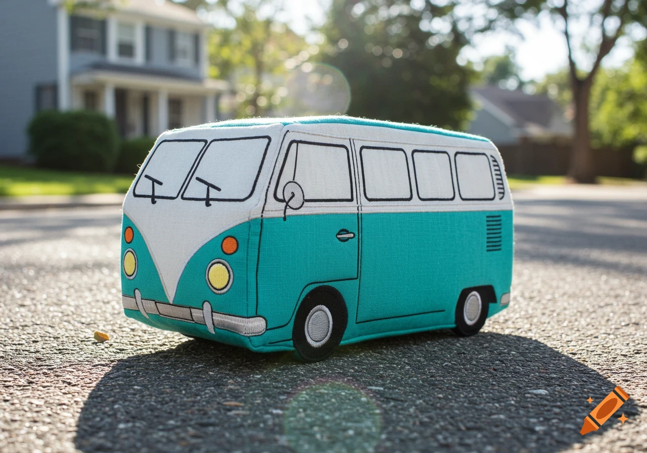 A teal and white plush toy van sits on an asphalt road with a blurred house in the background.
