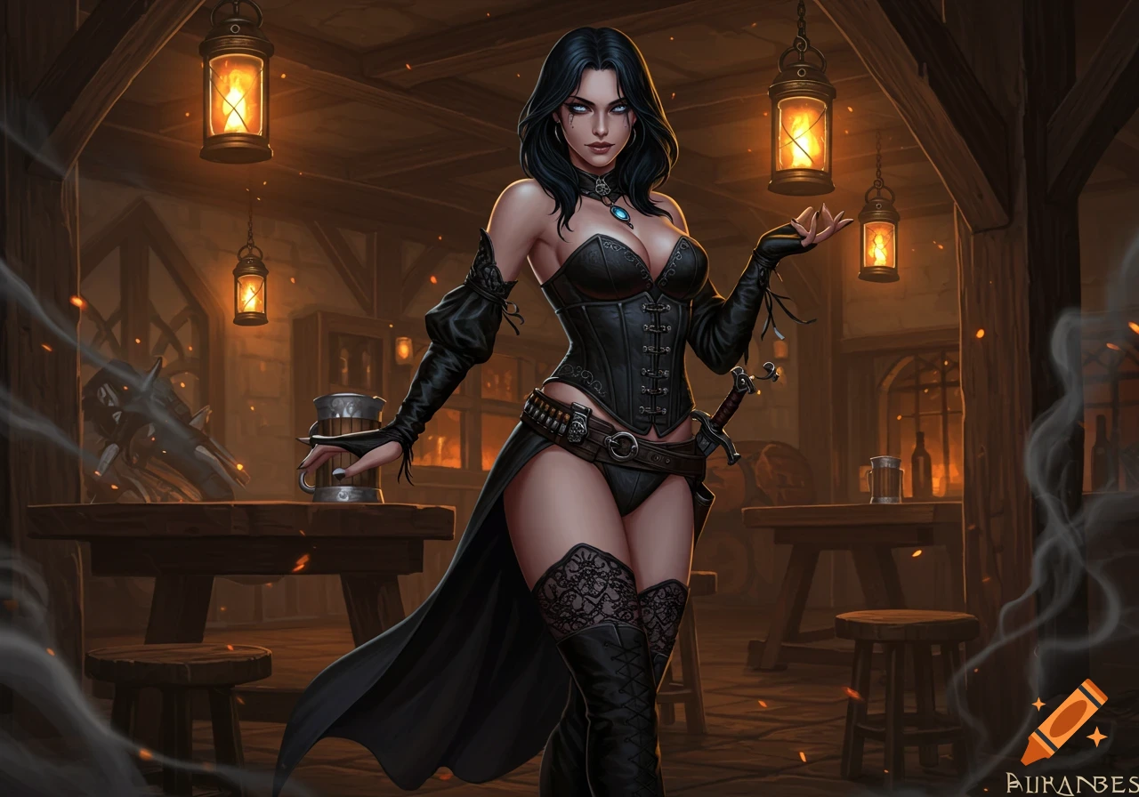 A dark-haired woman in a black leather corset, high-cut bottoms, and thigh-high lace boots stands with a sword in a fantasy tavern.
