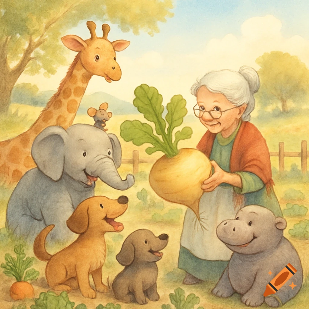 A whimsical watercolor illustration of an old woman holding a giant turnip, surrounded by a giraffe, elephant, mouse, two dogs, and a hippo in a field.