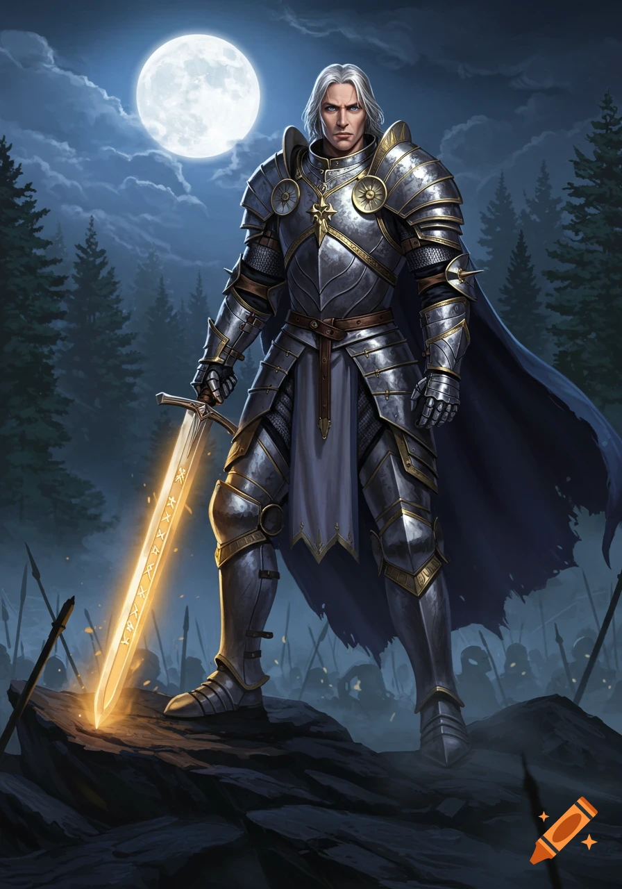 A silver-armored paladin with white hair stands with a glowing, runic sword under a full moon in a forest, an army behind him.