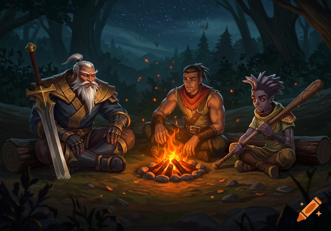 Three fantasy characters, an old swordsman, a muscular man, and a young boy, sit around a campfire in a dark forest at night. Digital painting.