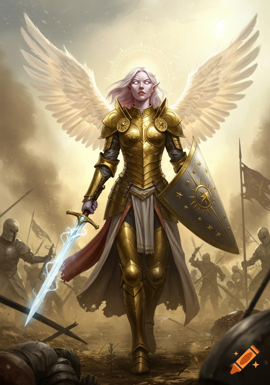 Majestic female Aasimar cleric in golden armor with glowing eyes, holding a sword and shield, stands on a battleground.