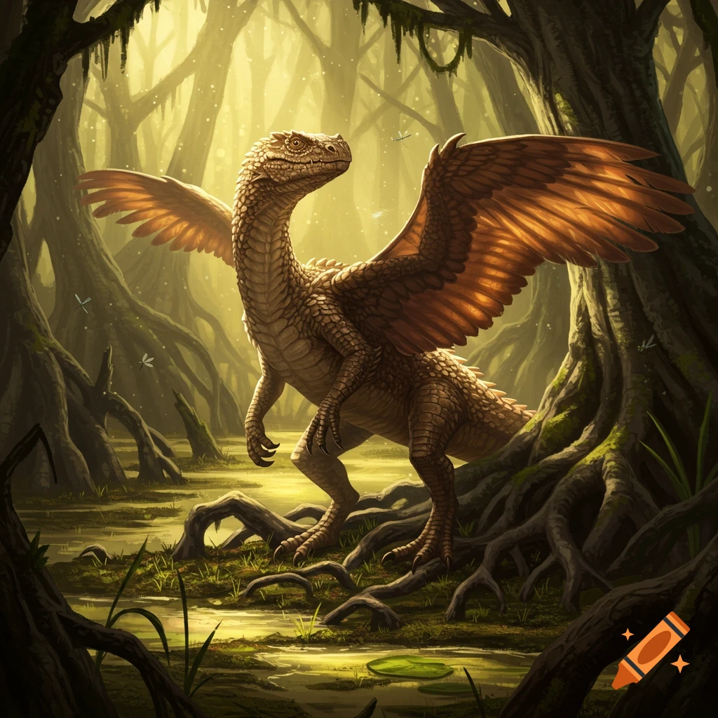 A scaled, winged creature with bird-like wings stands in a murky, sunlit swamp surrounded by large tree roots.