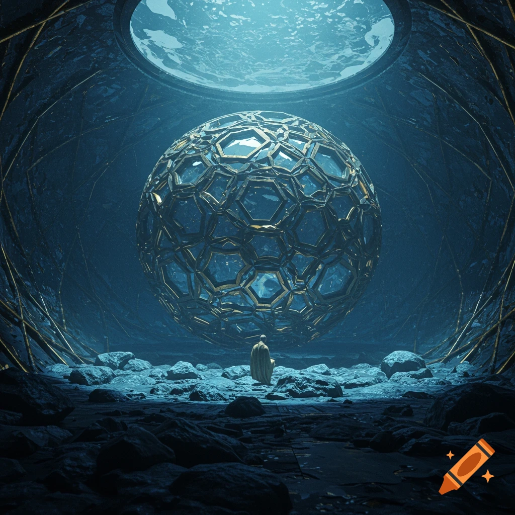 A lone figure stands on a rocky floor in a dark, ornate chamber with a large, glowing geometric sphere at the center. Sci-fi art.