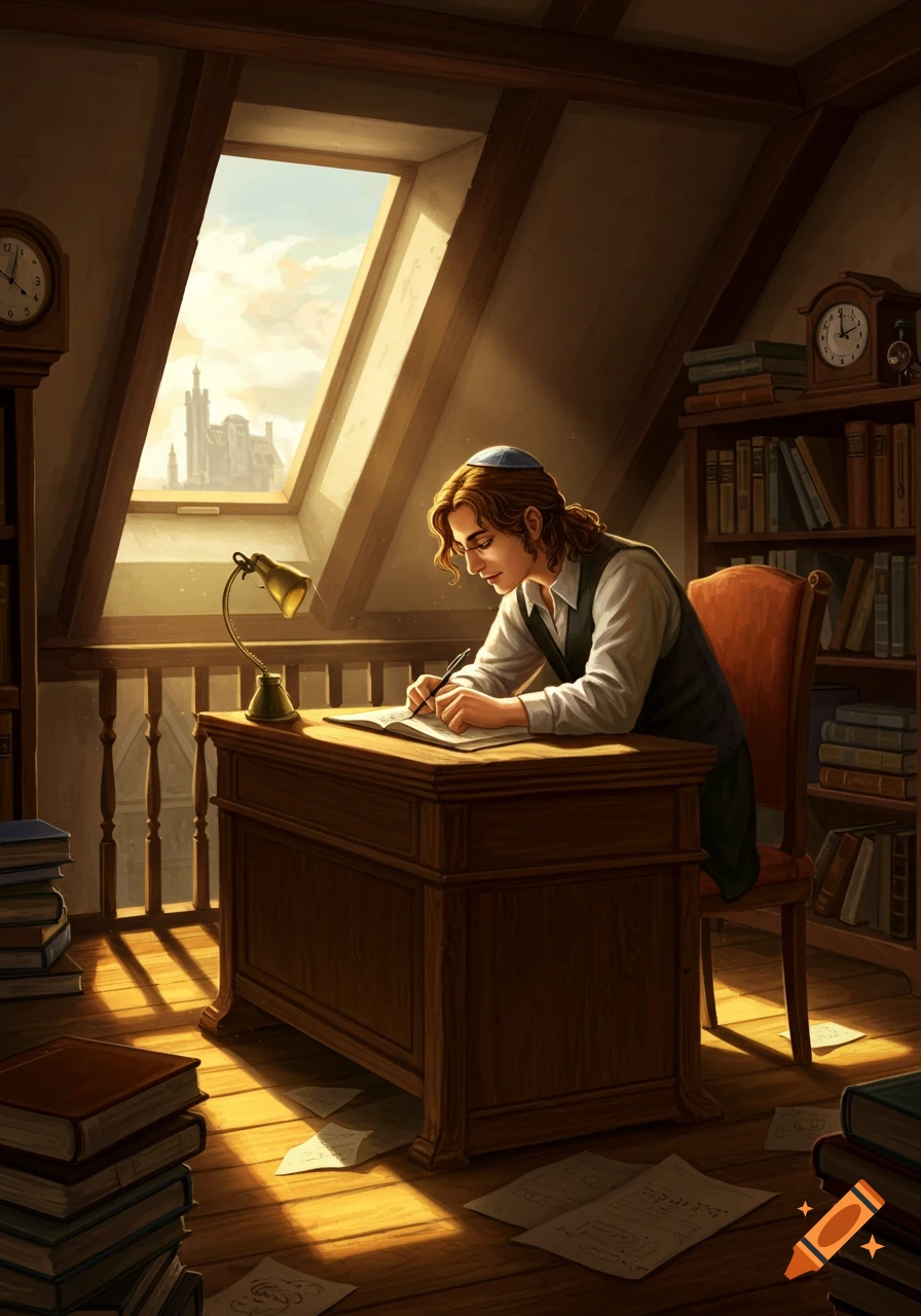 A long-haired man with a kippah studies intently at a wooden desk in a sunlit attic room filled with books, with a distant castle visible through the window.