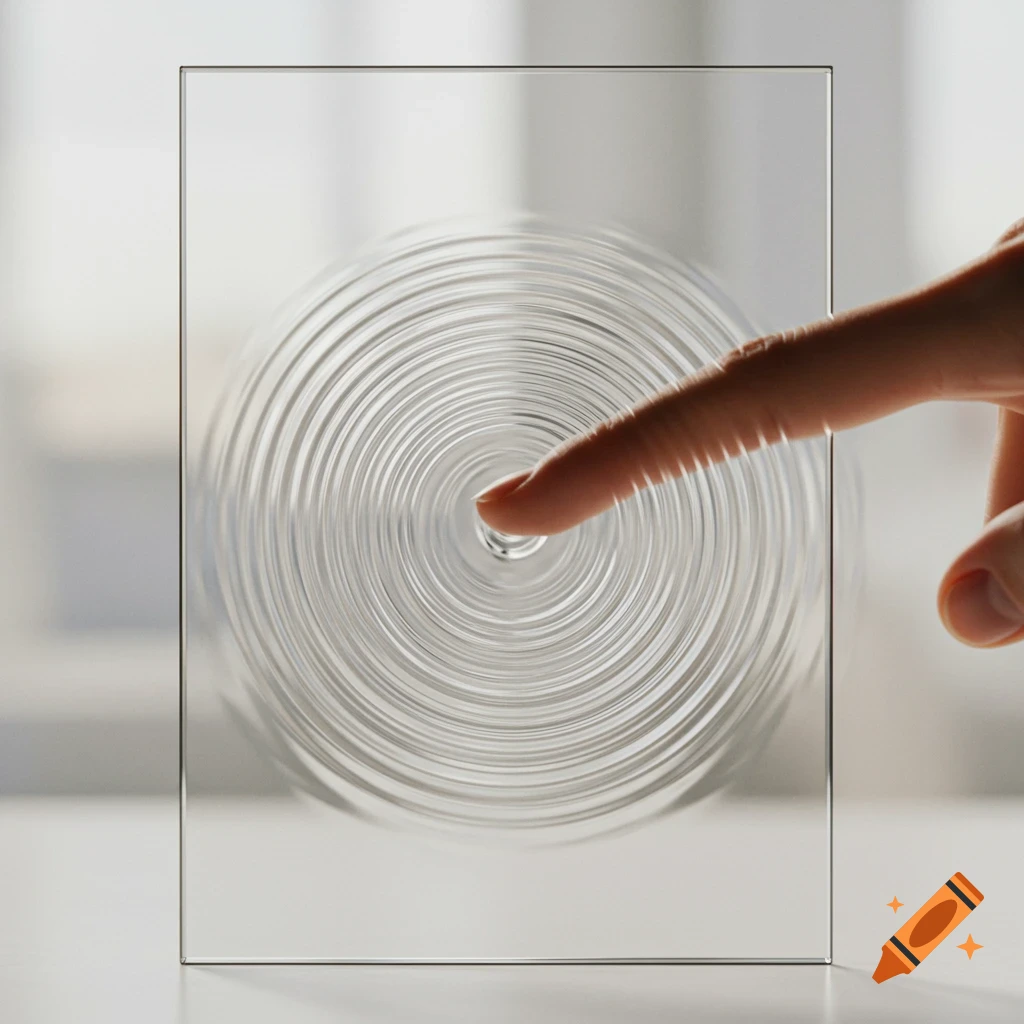 A finger touches a vertical transparent glass pane, creating concentric ripples on its surface.