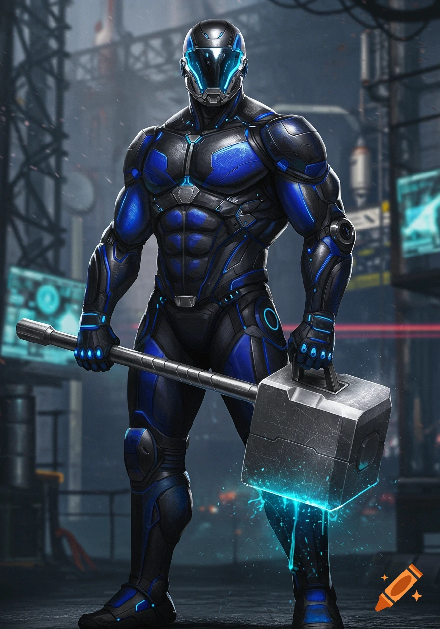 A man in a black and blue armored suit with a face shield holds a large titanium hammer with glowing blue accents in a futuristic urban setting.