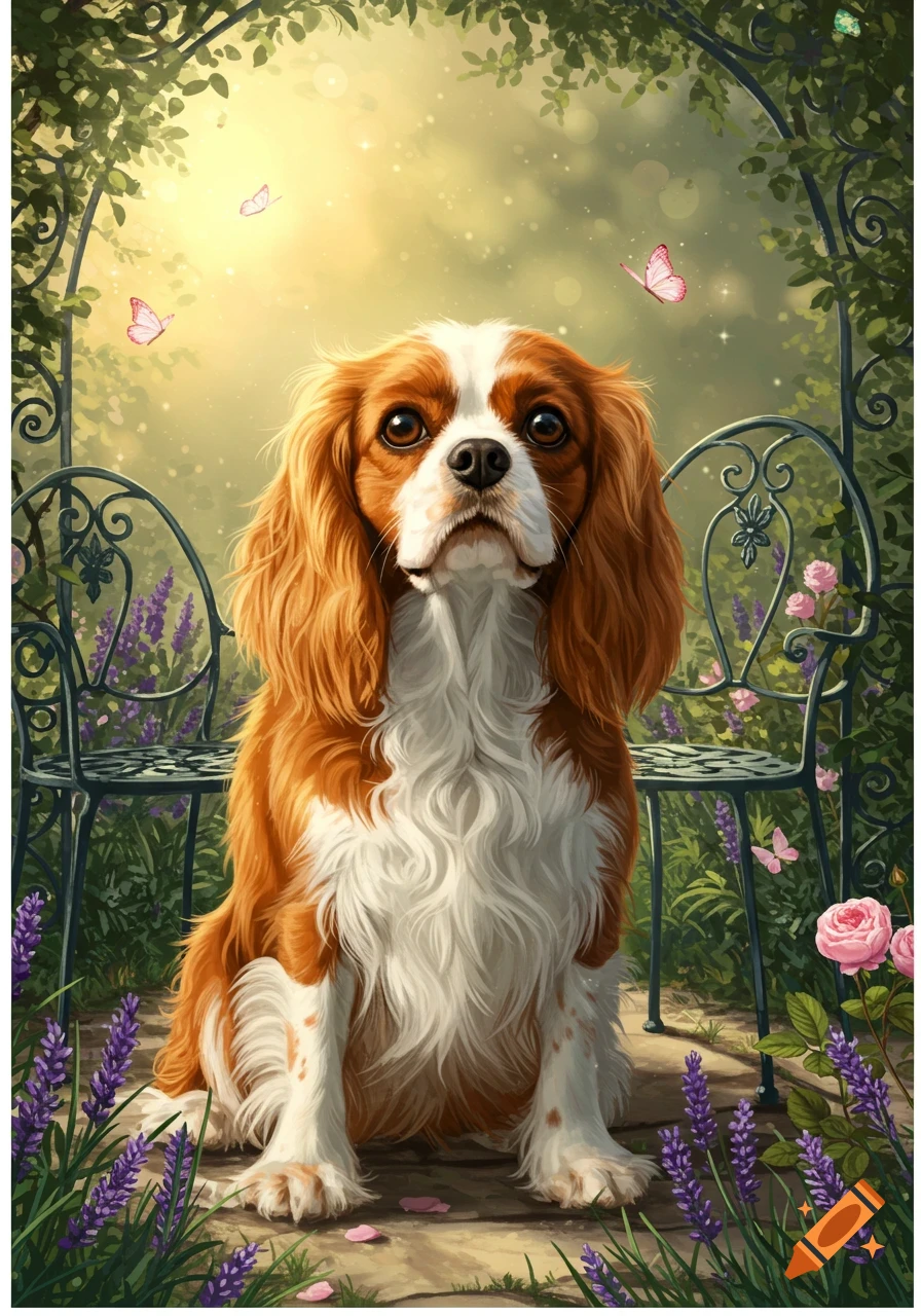 A fluffy King Charles Spaniel dog sits under a garden archway surrounded by lavender, roses, and butterflies in a fantasy art style.