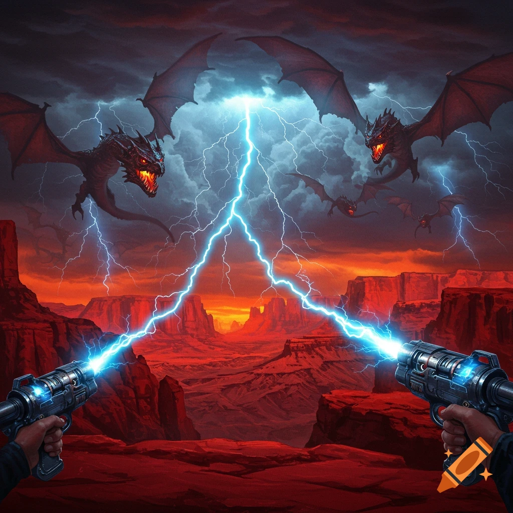 Hands fire electricity guns at fierce dragons soaring in a lightning storm above red canyons, a dramatic fantasy scene.