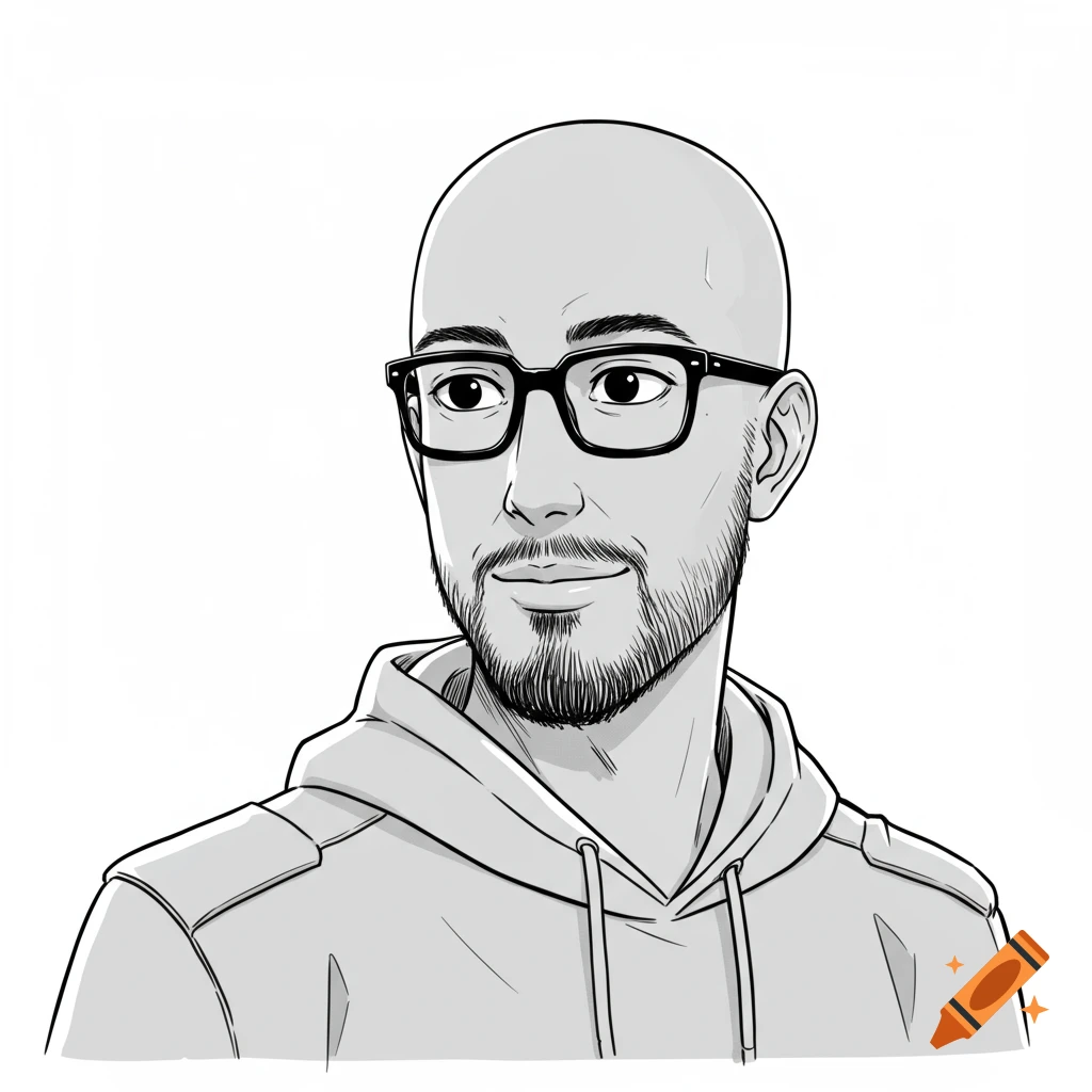 A black-and-white manga-style portrait of a smiling bald man with glasses and a beard in a hoodie.