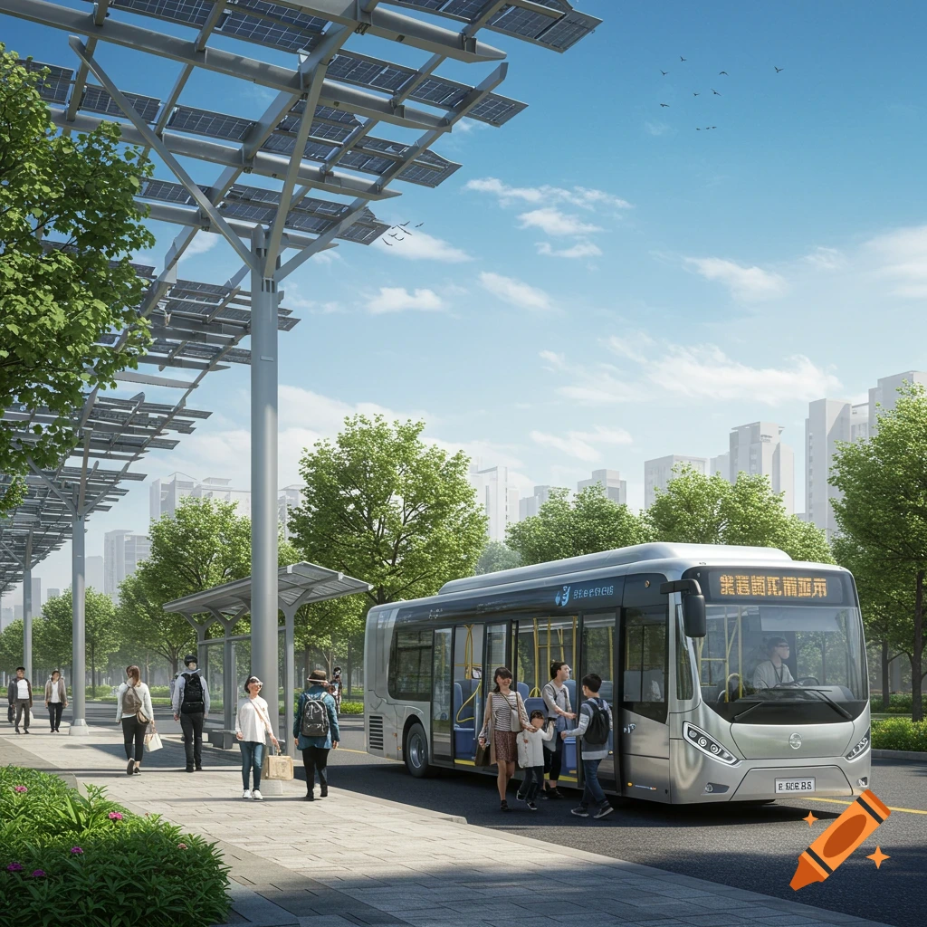 A sleek electric bus at a modern solar-paneled bus stop in a tree-lined Chinese city, with passengers boarding.