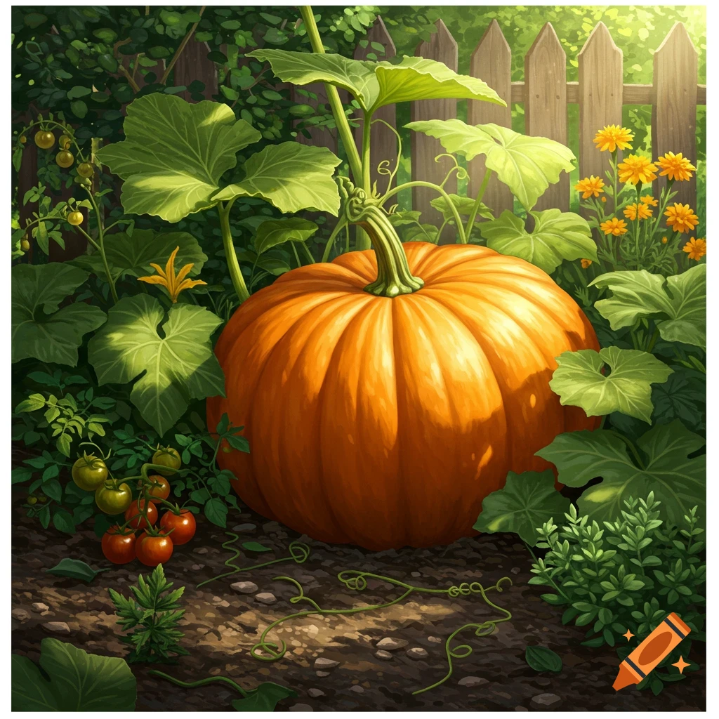 A large orange pumpkin sits in a lush, sunlit garden surrounded by green leaves, red tomatoes, and yellow flowers, with a wooden fence.