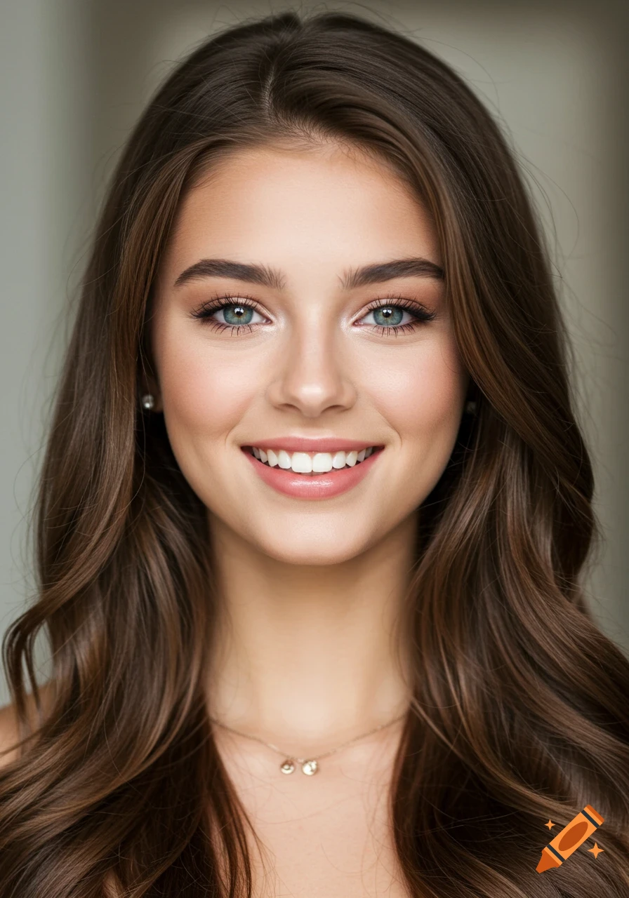 Photorealistic portrait of a smiling young woman with long brown hair, blue eyes, pearl earrings, and a delicate necklace.