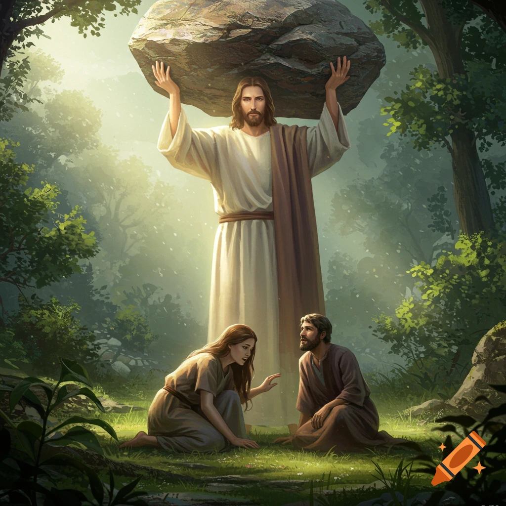 Jesus holds a giant rock above a kneeling man and woman in a misty, sunlit forest.