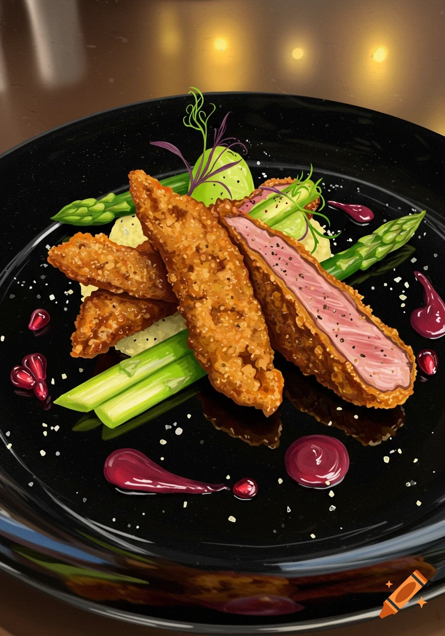 A gourmet dish featuring golden-fried cutlets, green asparagus, and red sauce artfully plated on a black dish with subtle background lighting.