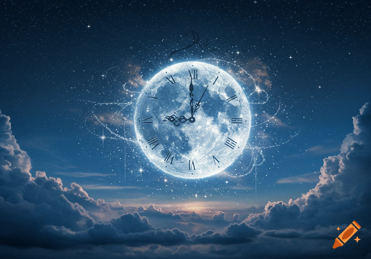 A glowing full moon shaped like a clock with Roman numerals floats in a starry night sky above fluffy clouds.