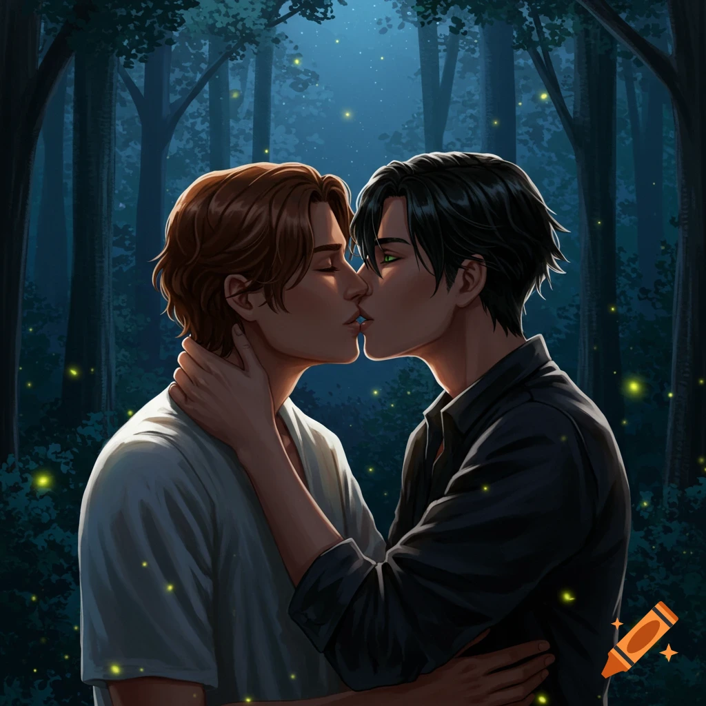 Two men with brown and black hair kiss intimately in a moonlit forest surrounded by glowing fireflies, digital art.