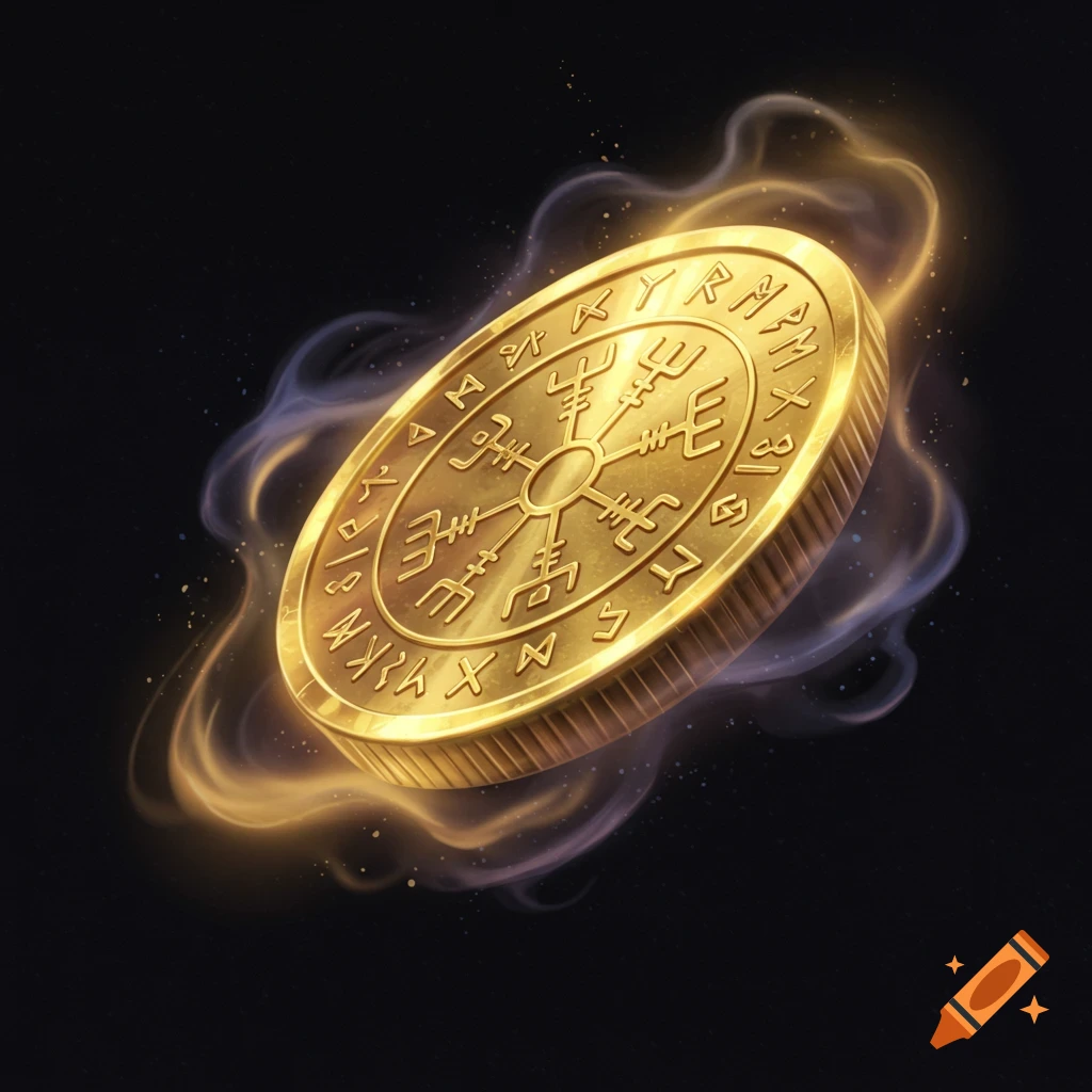 A glowing golden coin etched with ancient runes, spinning with magical smoke effects against a dark background, in a fantasy art style.