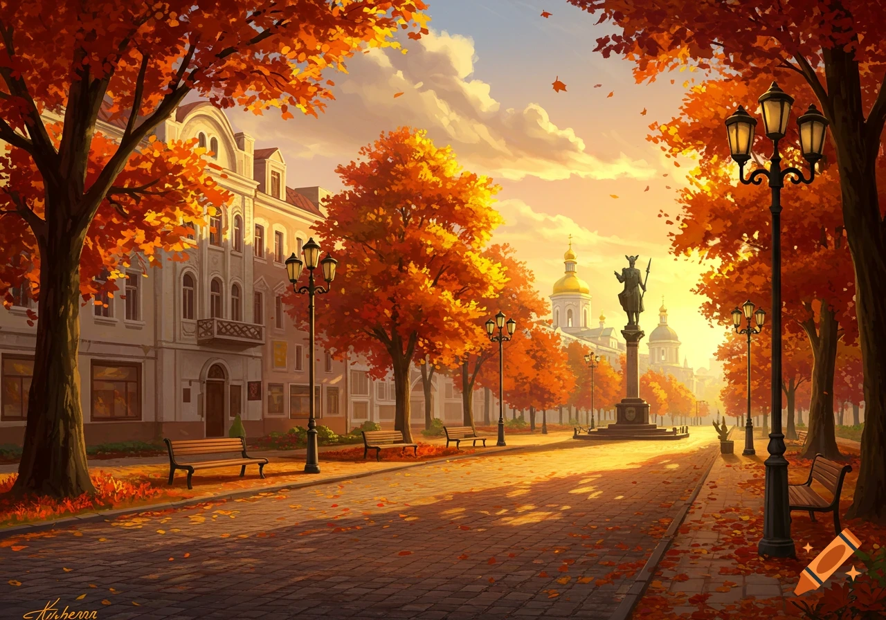 A vibrant digital painting of an autumn city street at sunset, with golden light, falling leaves, benches, lampposts, and a distant monument with a domed building.
