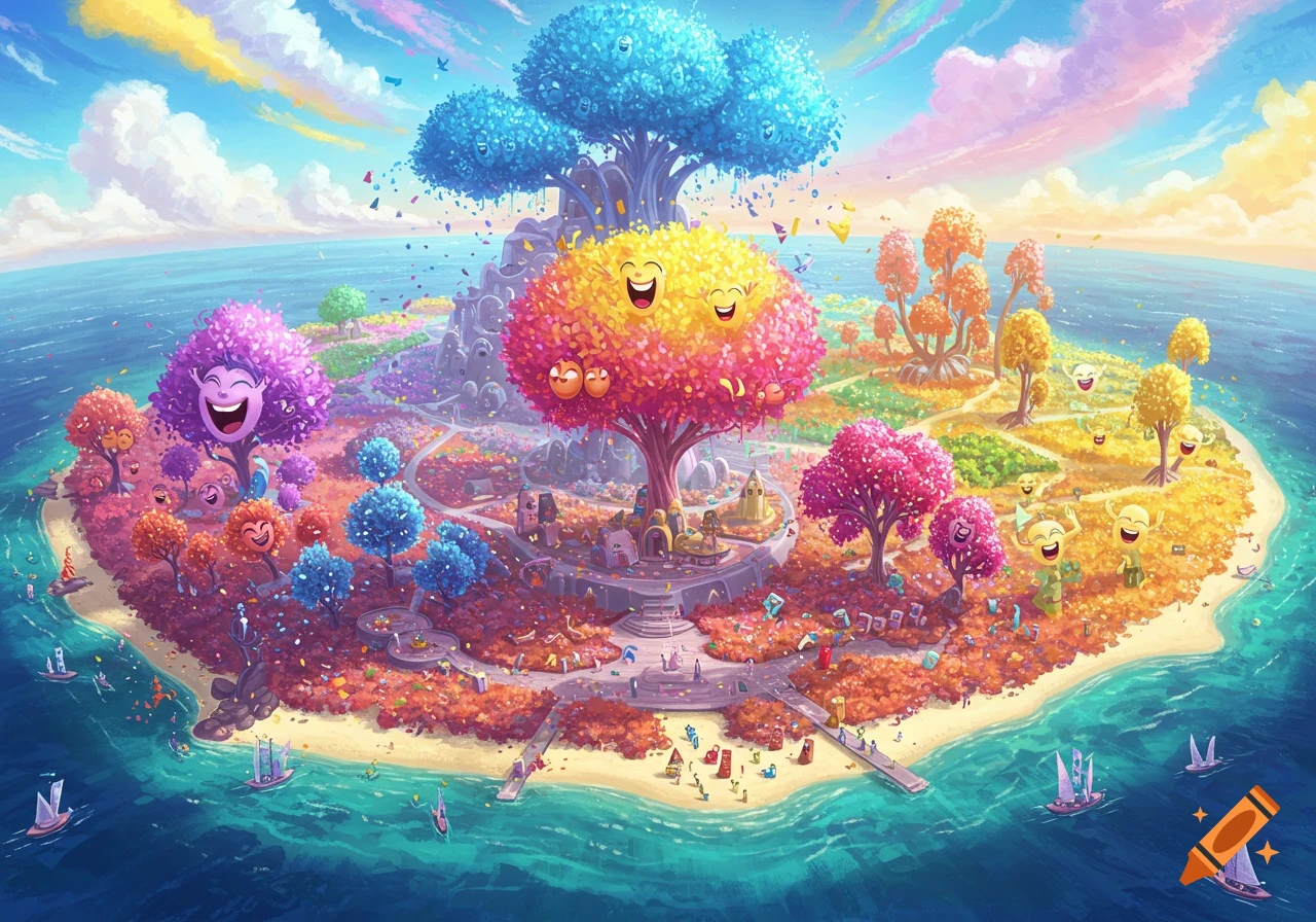A vibrant, cartoonish island in the ocean with colorful, smiling trees and small figures, under a bright, colorful sky. Small boats sail nearby.