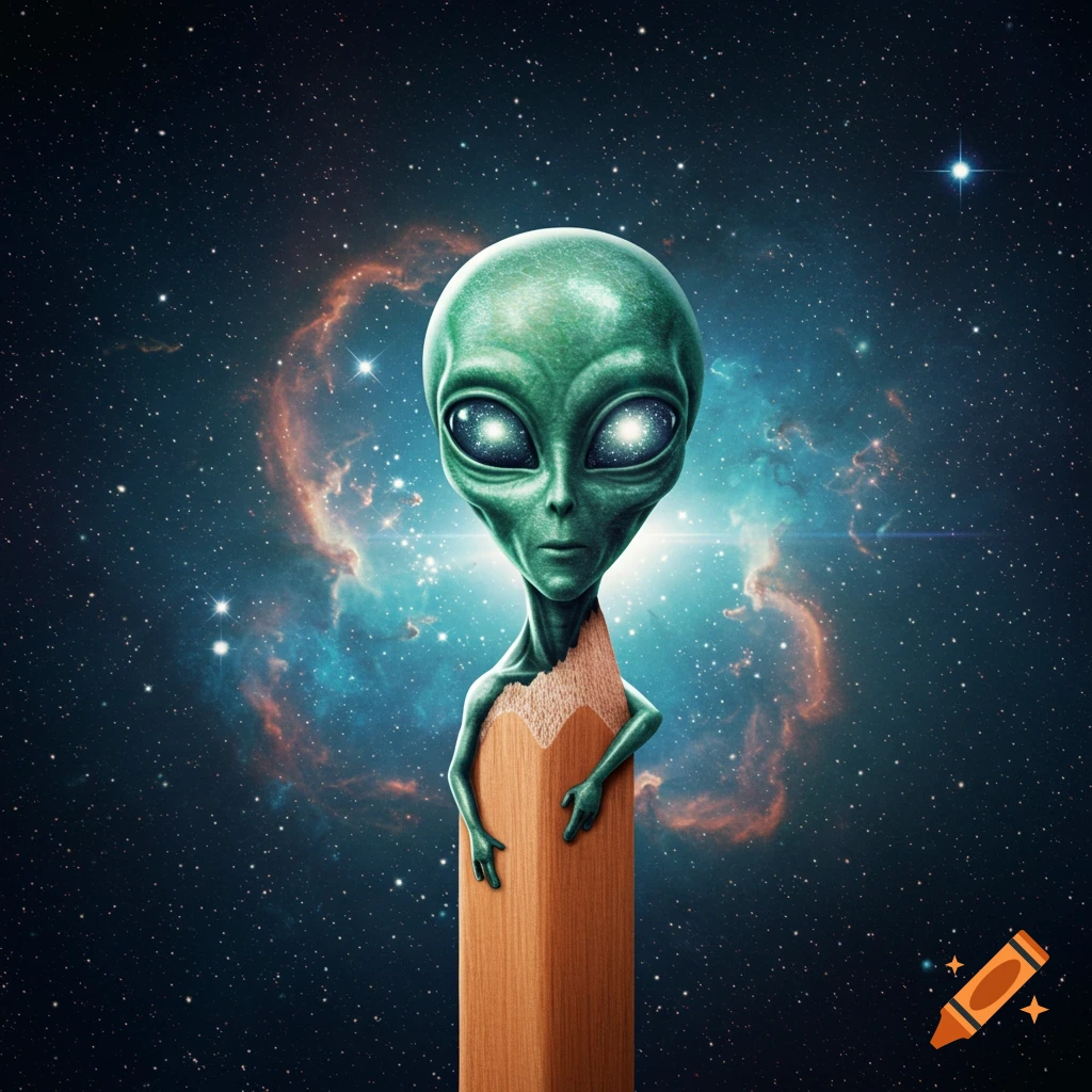 A green-skinned alien head with glowing eyes emerges from a wooden pencil, set against a vibrant starry galaxy and nebula.