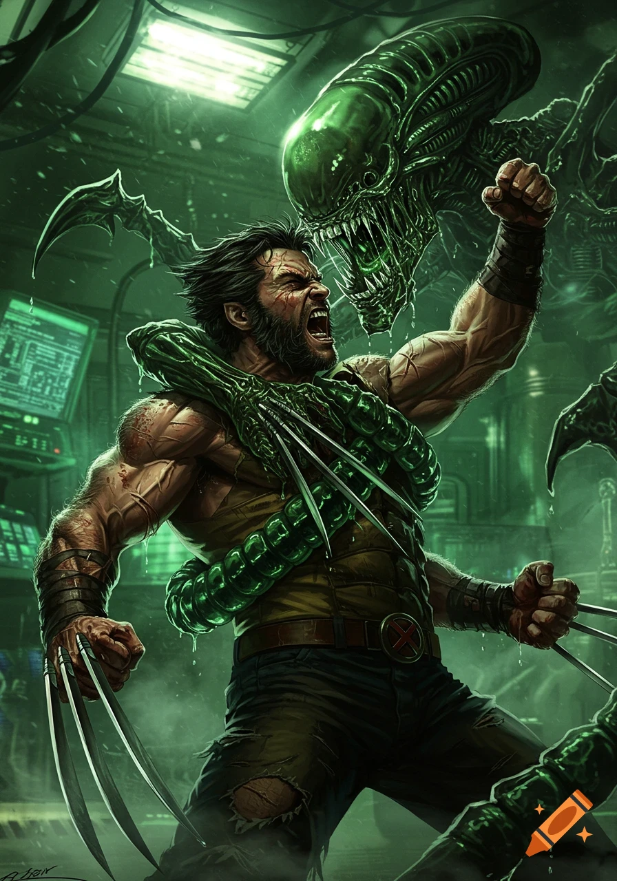 Wolverine battles a Xenomorph in a dimly lit, green-hued sci-fi lab, roaring with claws extended as an alien creature wraps around him.