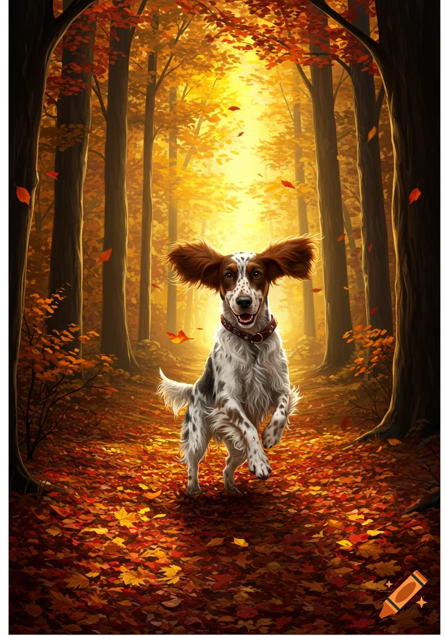 A cheerful Springer Spaniel dog runs through a sunlit autumn forest filled with red and orange leaves.
