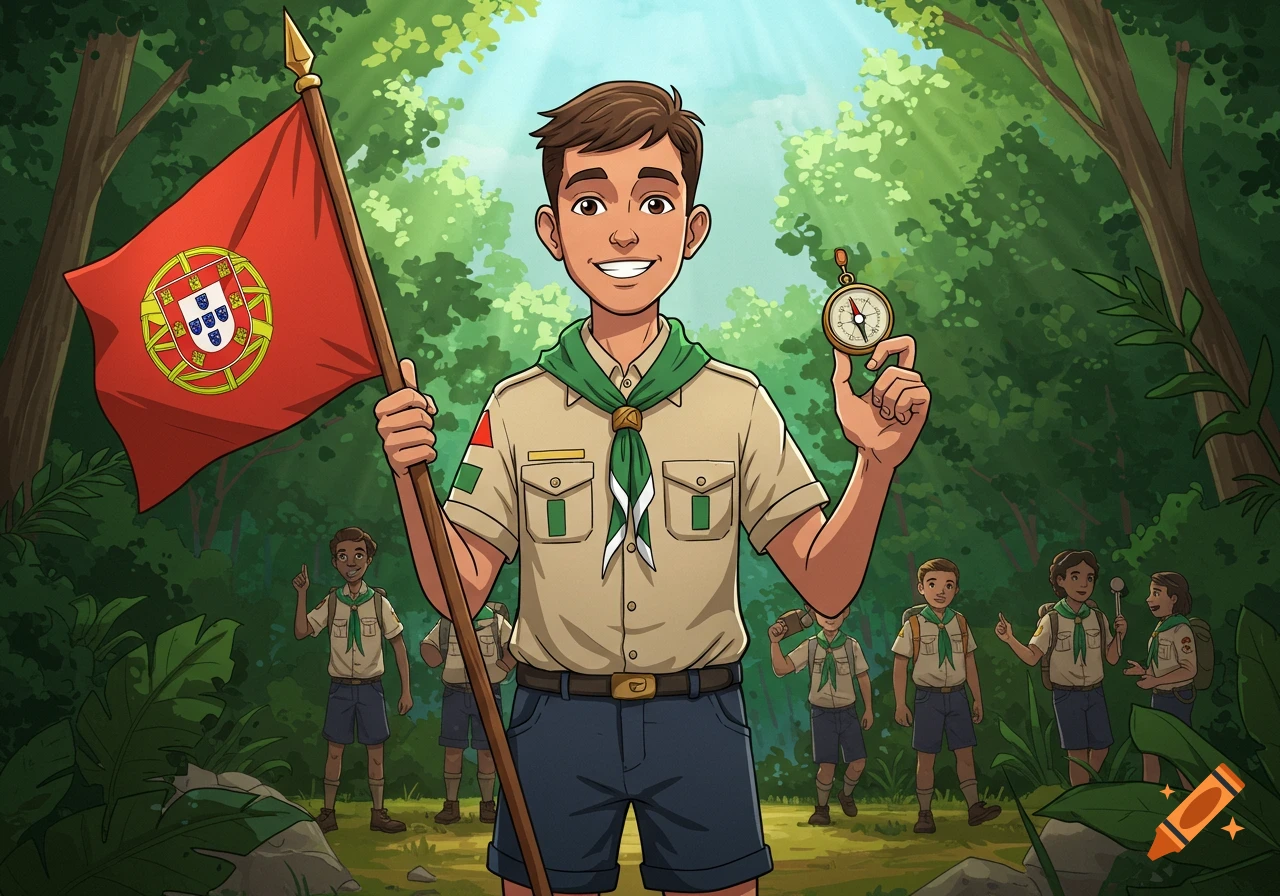 Cartoon illustration of a smiling Portuguese scout holding a flag and compass in a forest, with other scouts in the background.
