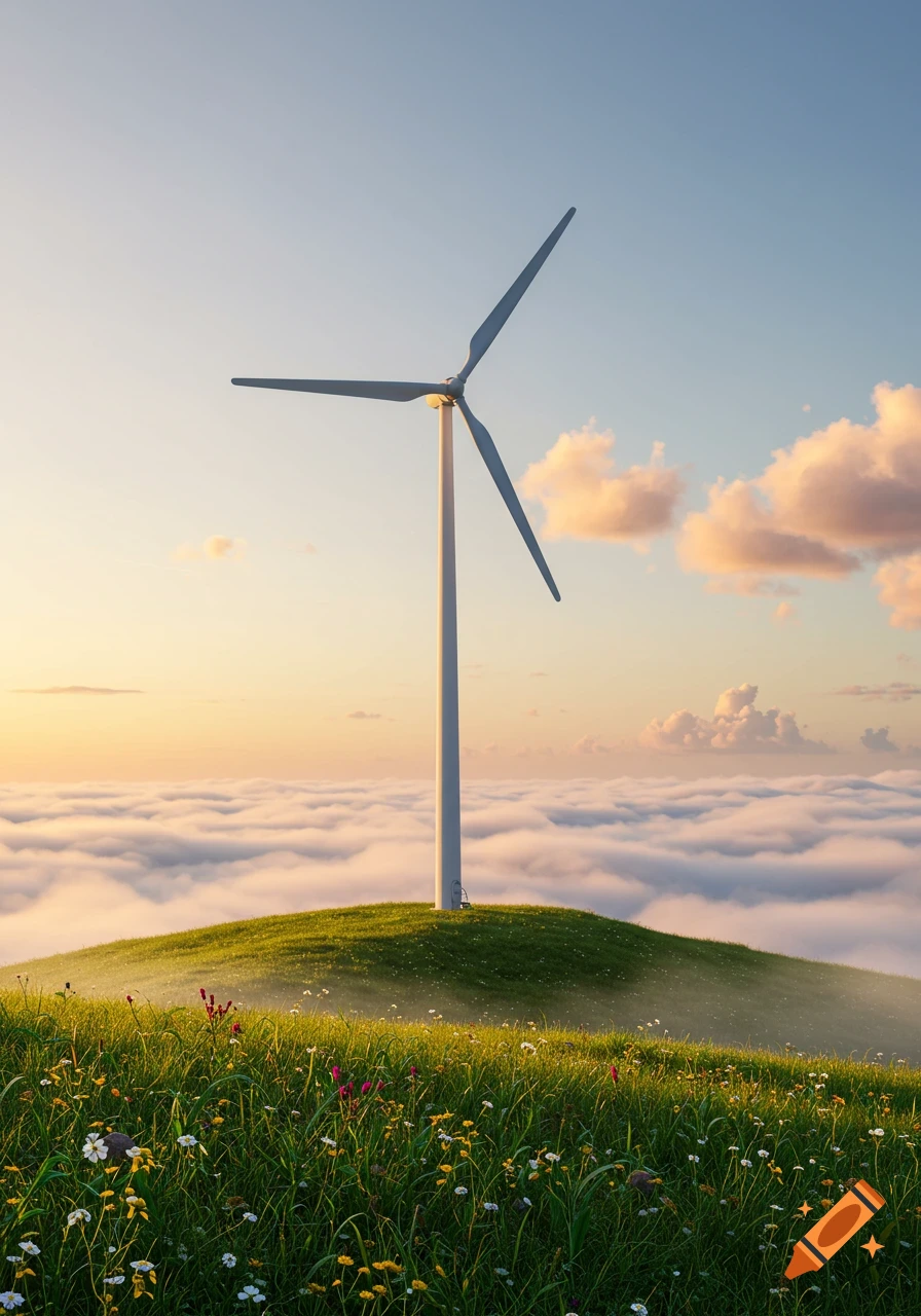 A wind turbine stands on a grassy hill with wildflowers, overlooking a vast sea of clouds under a sunset sky.