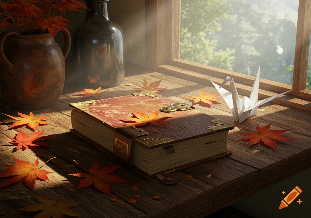 A closed ornate journal with autumn leaves and an origami crane sits on a sunlit wooden windowsill, with green trees visible outside.