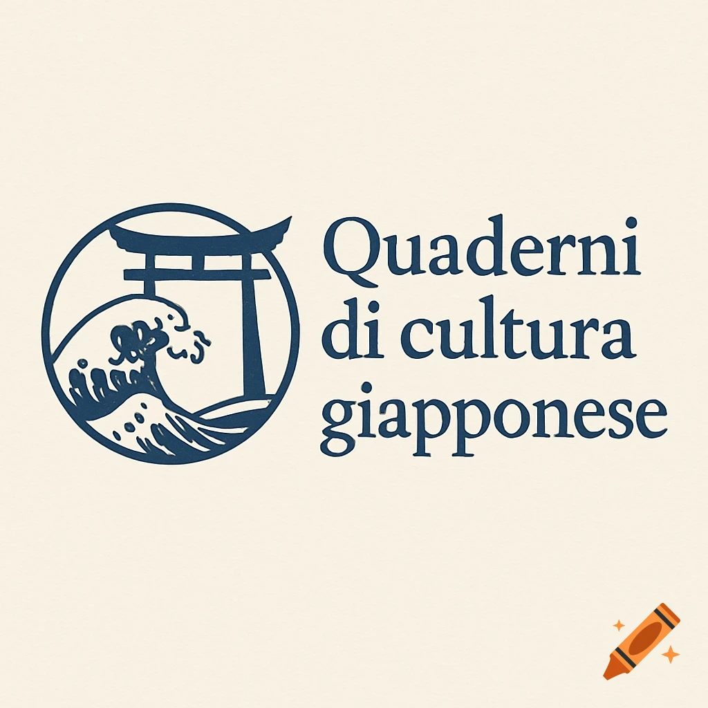 Minimalist blue logo featuring a torii gate and a large wave inside a circle, next to the text 'Quaderni di cultura giapponese' on a light background.