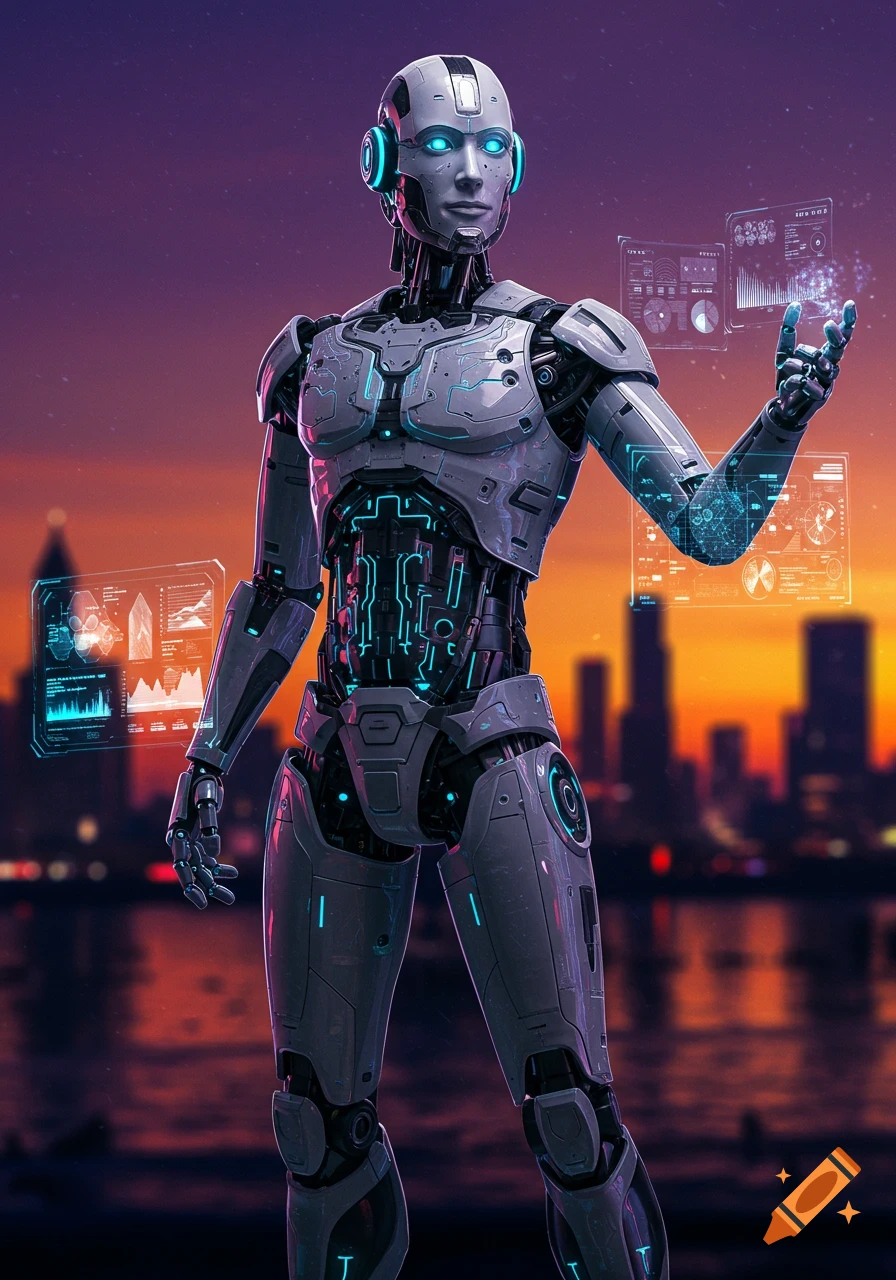 A sleek humanoid robot with glowing blue eyes and chest circuitry interacts with holographic displays against a purple and orange sunset city skyline.