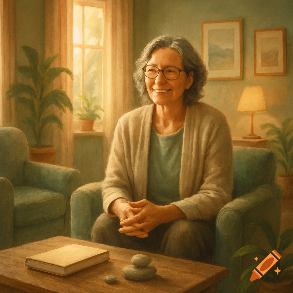 Smiling elderly woman with glasses sitting in a cozy living room, rendered in an oil painting style.