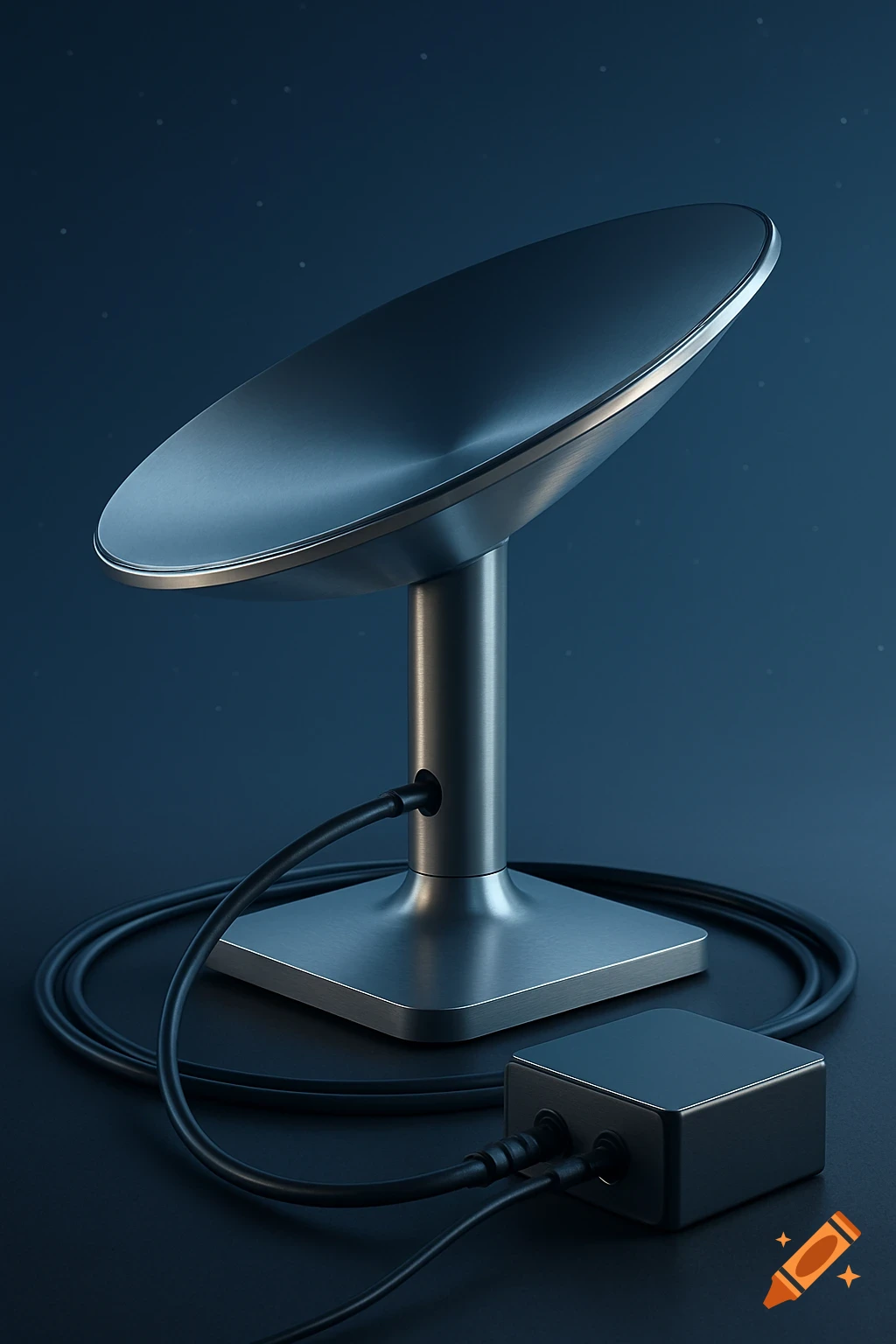 A sleek, metallic satellite dish or Wi-Fi antenna connected by cables to a black power brick on a dark blue background.