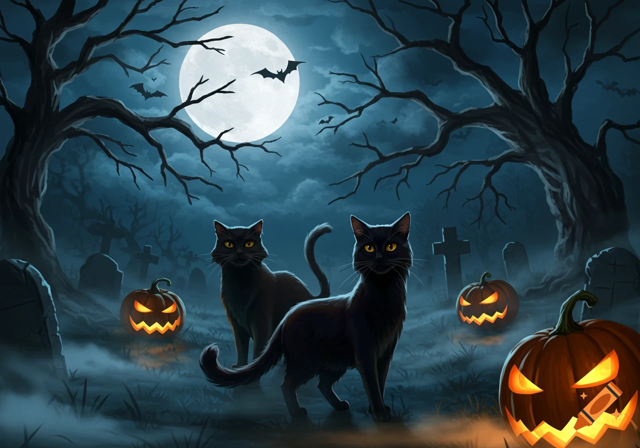 Two black cats sit in a foggy, spooky graveyard with glowing jack-o'-lanterns, bare trees, bats, and a bright full moon.