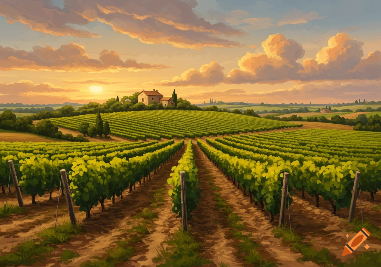 A painterly landscape of a vineyard at sunset, with rows of grapevines leading to a farmhouse on a hill under a warm sky.