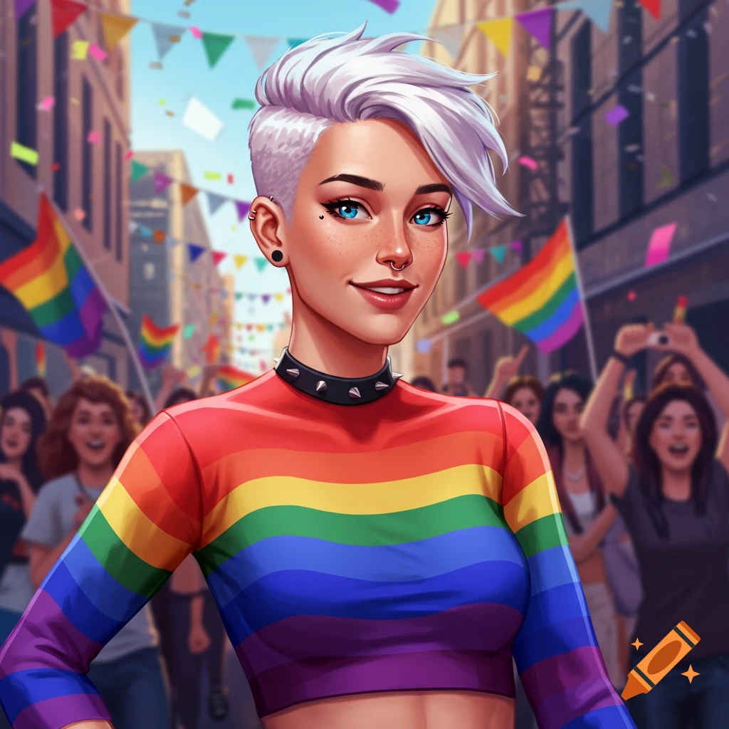 A smiling woman with white spiked hair and a rainbow crop top at a vibrant pride parade, confetti falling.