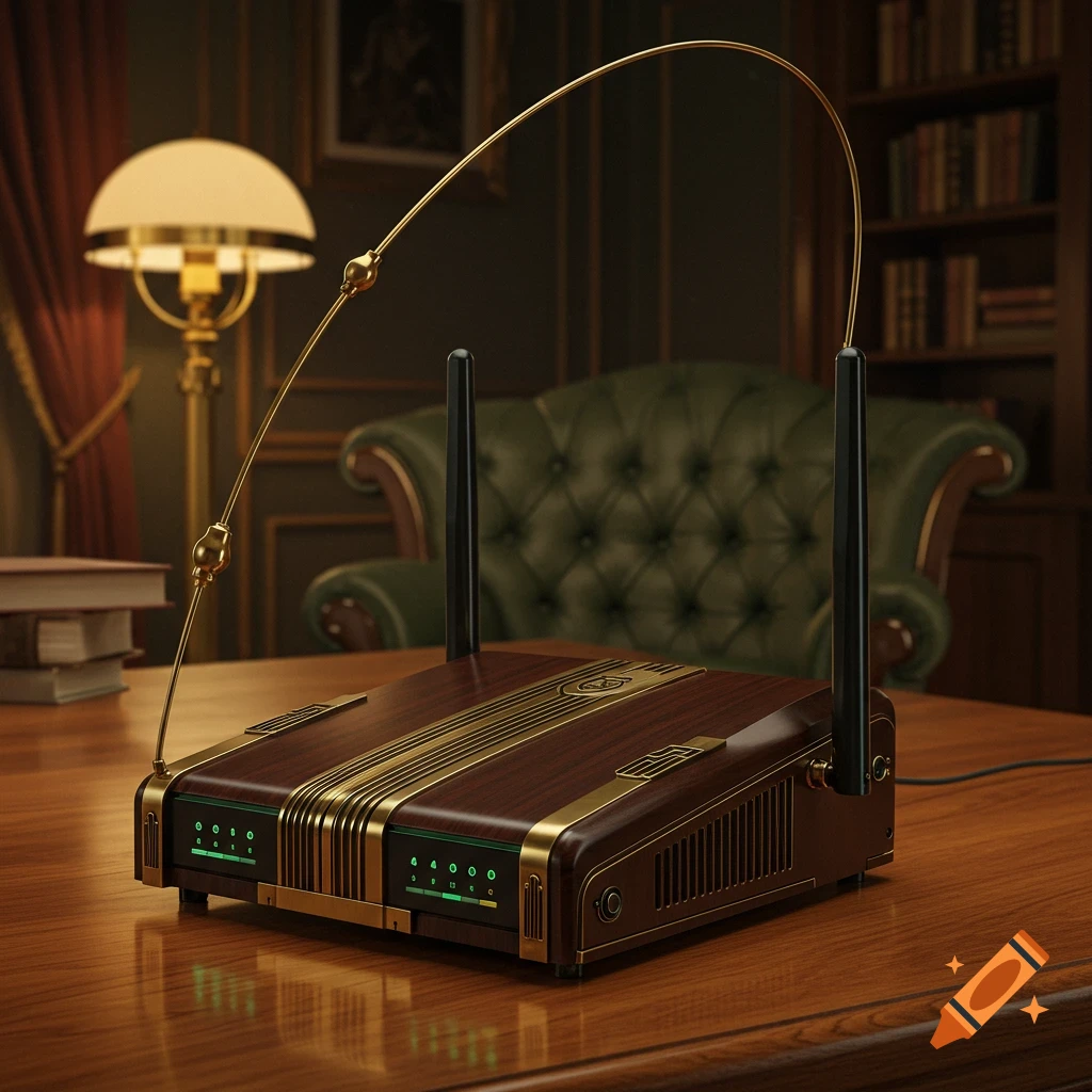 A wireless router in 1920s Art Deco style with wood and brass, a long curved antenna, sitting on a desk in a study.