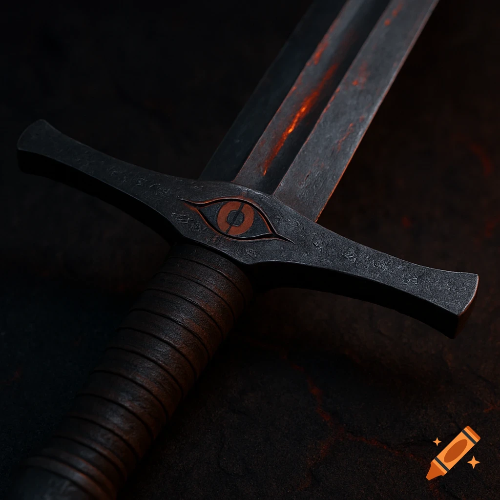A detailed dark gray steel sword with a reddish volcanic glow on its blade. An ornate eye symbol with red lines is engraved on the crossguard, above a leather-wrapped grip.