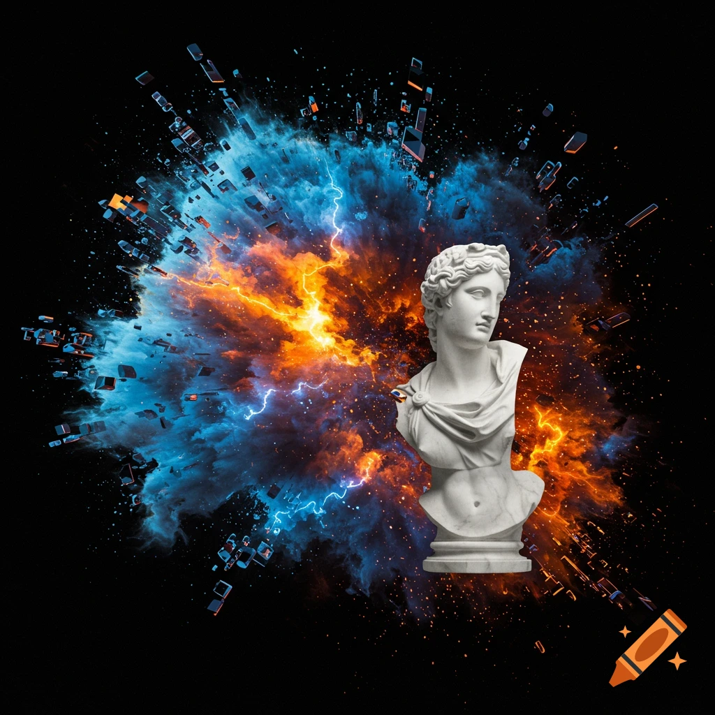 White marble bust of a classical figure against an explosion of blue and orange smoke with lightning.