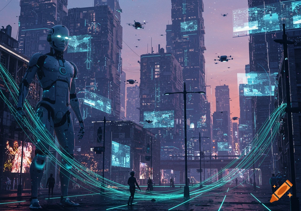 A giant robot stands in a futuristic, neon-lit cityscape with flying drones and holographic displays, depicting a technological takeover.