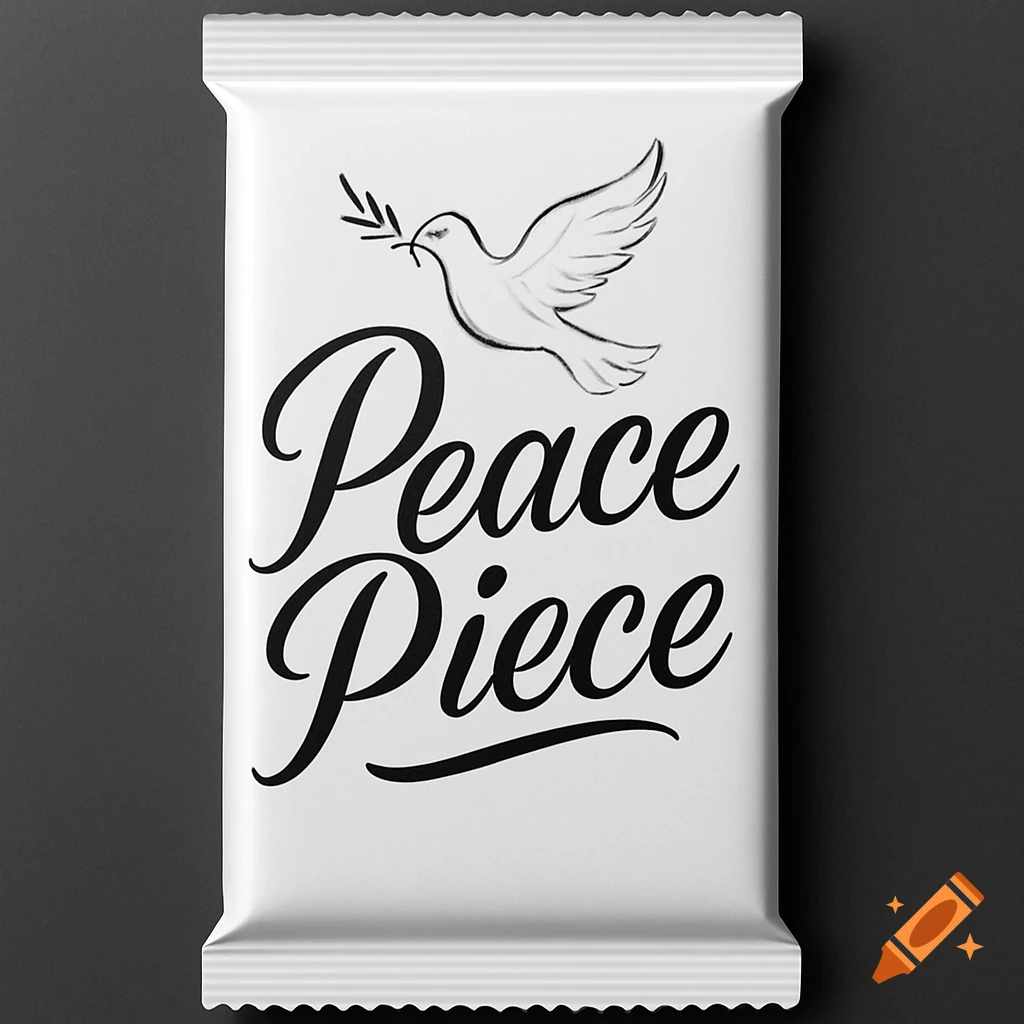 A black and white mockup of a chocolate bar wrapper featuring a dove with an olive branch and the text 'Peace Piece' in a script font.