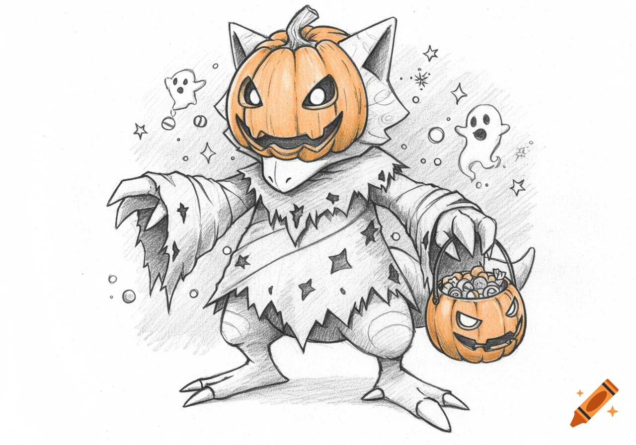 Pencil drawing of a Kadabra-like creature in a tattered Halloween costume with a pumpkin head, holding a candy bucket, surrounded by ghosts.